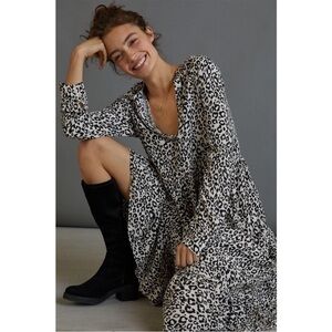 Mare Mare x Anthropologie Black White Cheetah Print Long Sleeve Midi Dress